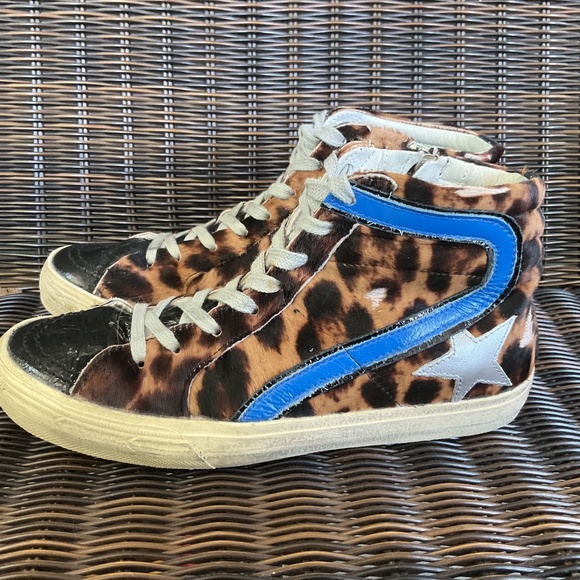 GGDB Golden Goose Slider Star Leather & Leopard Print Calf Hair High Top Sneaker - Picture 1 of 11